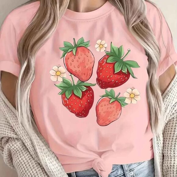 Women's Strawberry and Floral Print T-Shirt - SMALL - Picture 1 of 1